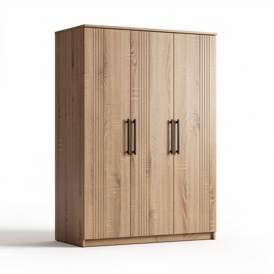 Wooden wardrobe with double doors and sleek handles in natural finish