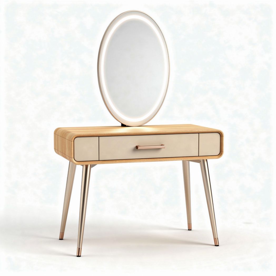 Vanity table with oval mirror in light wood finish dimensions 80 x 40 x 140cm