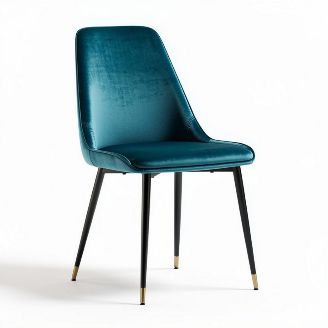 Velvet dining chair in teal with black metal legs and gold accents