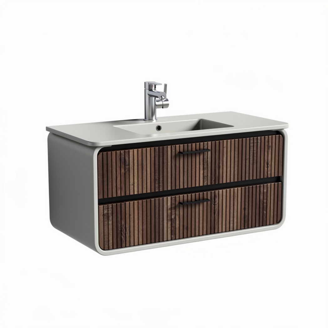 Wall mounted bathroom vanity cabinet with wooden finish and ceramic sink 60 x 45 x 30cm