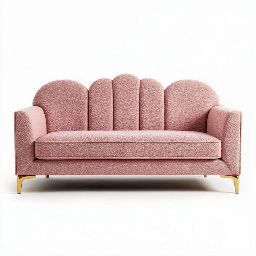 Clam shell design upholstered sofa in pink fabric 195 x 90 x 85cm