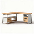 L-shaped wooden corner desk with metal frame and storage drawers 150 x 70 x 75cm