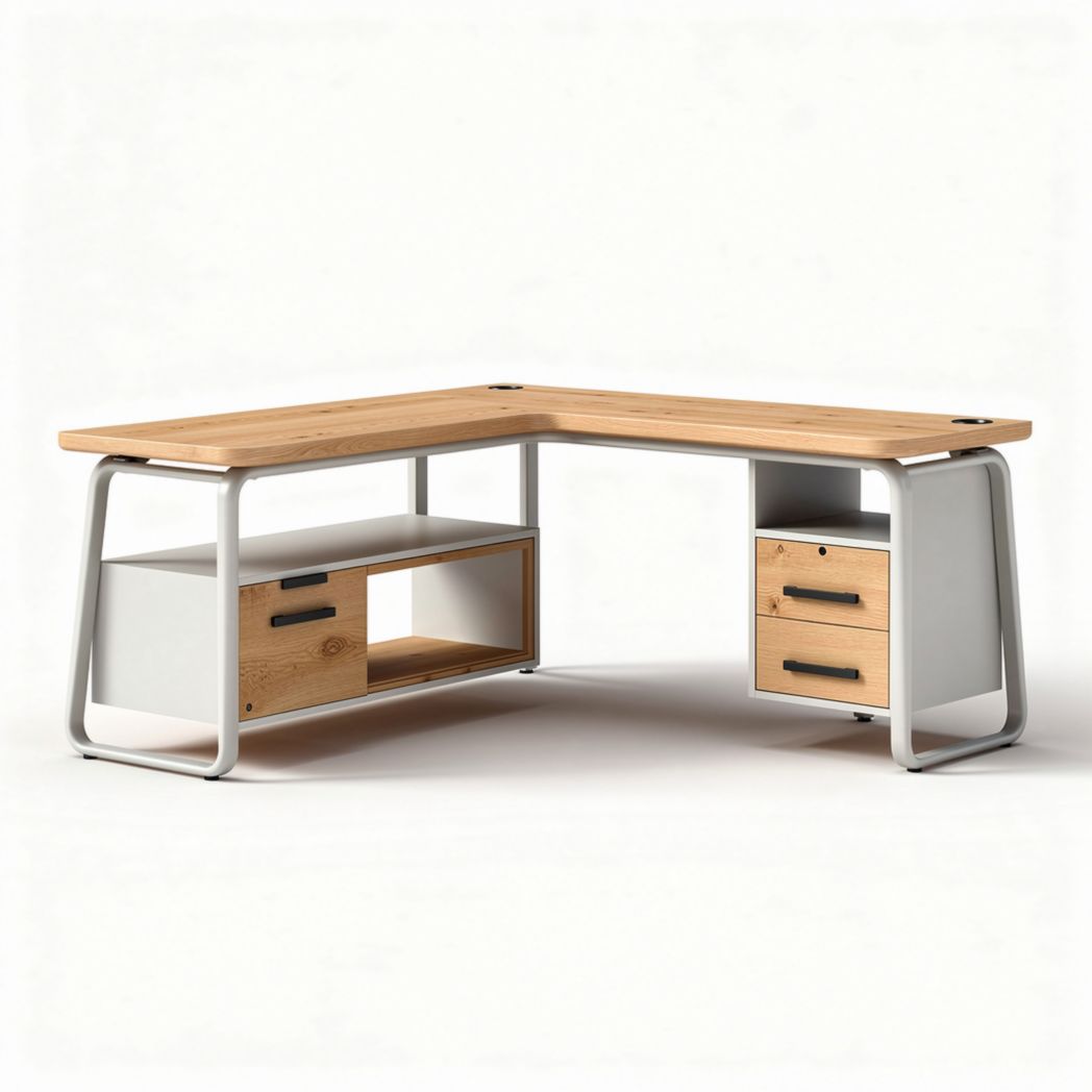 L-shaped wooden corner desk with metal frame and storage drawers 150 x 70 x 75cm