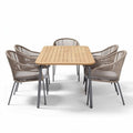 Outdoor dining set with rectangular wooden tabletop and five woven chairs