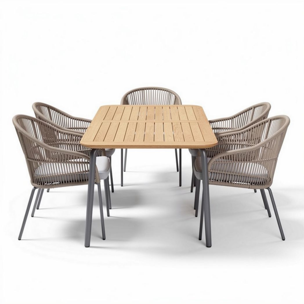 Outdoor dining set with rectangular wooden tabletop and five woven chairs