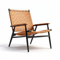 Woven lounge chair with black metal frame and light brown straps 80 x 70 x 80cm