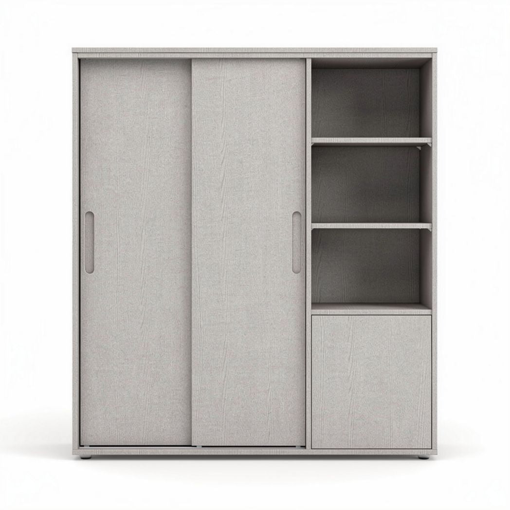 Sliding door storage cabinet with shelves and drawer in gray fabric 90 x 40 x 120cm